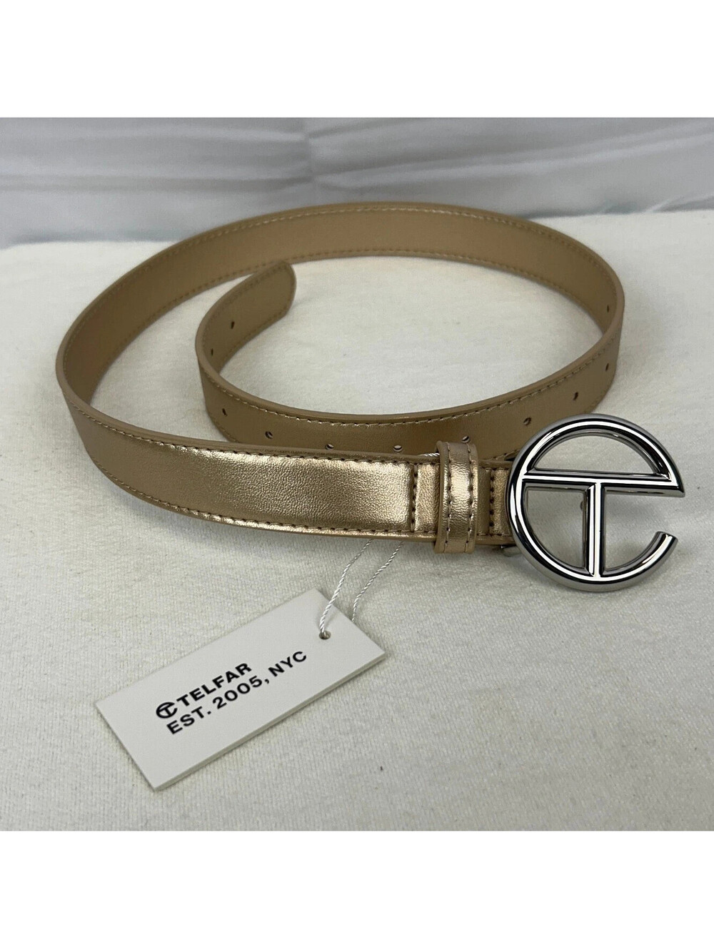 Telfar Logo Belt Gold XS S Metallic PU Polyester Buckle New w Tags